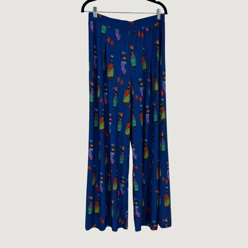 Antthony Blue Afrocentric Tribal Print Wide Leg‎ Palazzo Pants NWT Size Large